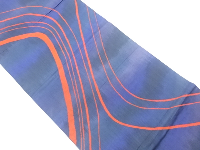 リサイクル　手織り紬抽象横段に曲線模様織出し袋帯